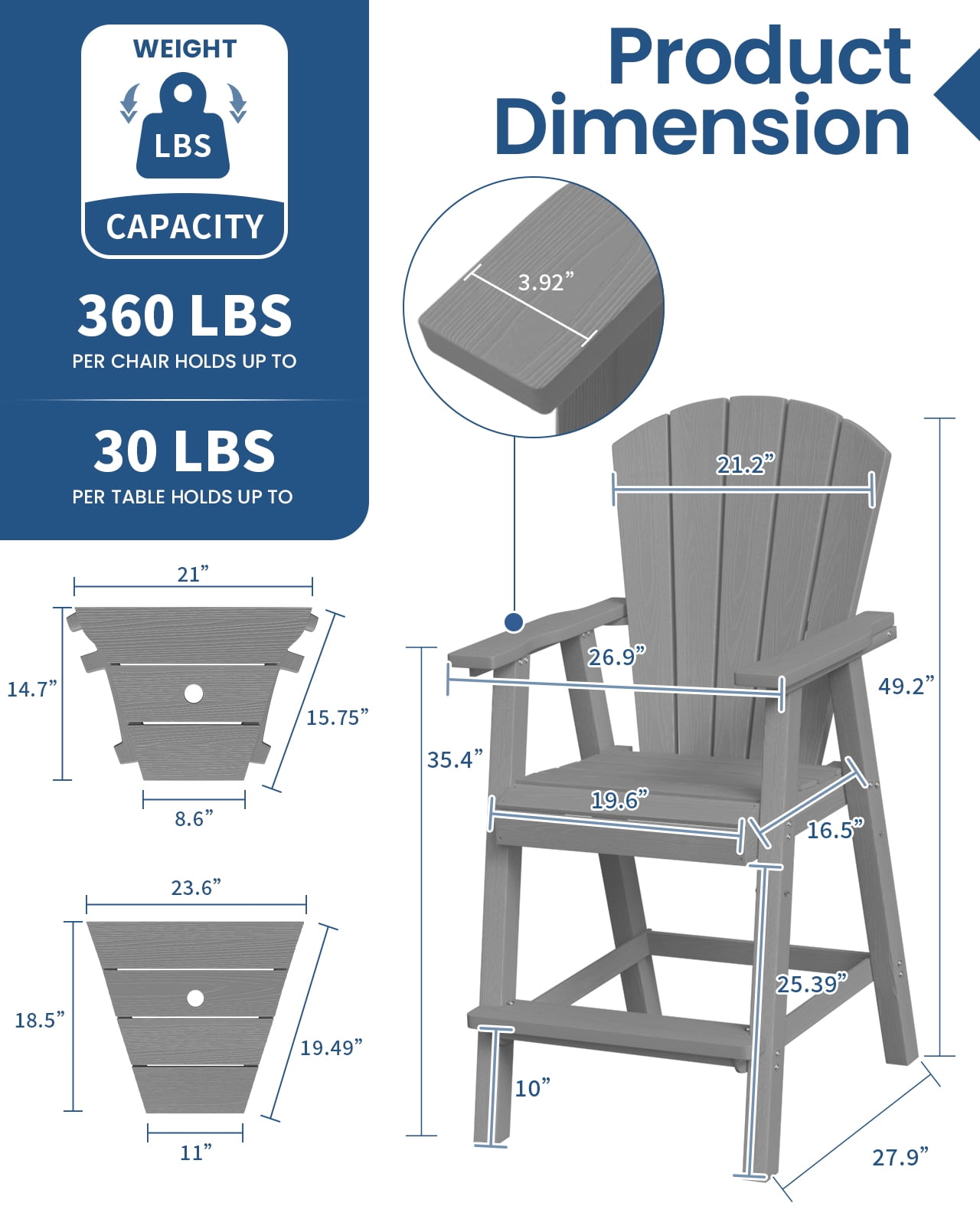 CIOKEA Tall Adirondack Chair Set of 2, All Weather HDPE Patio Chairs with Double Removable Connecting Trays for Balcony, Deck, Backyard, Patio, Garden, Gray