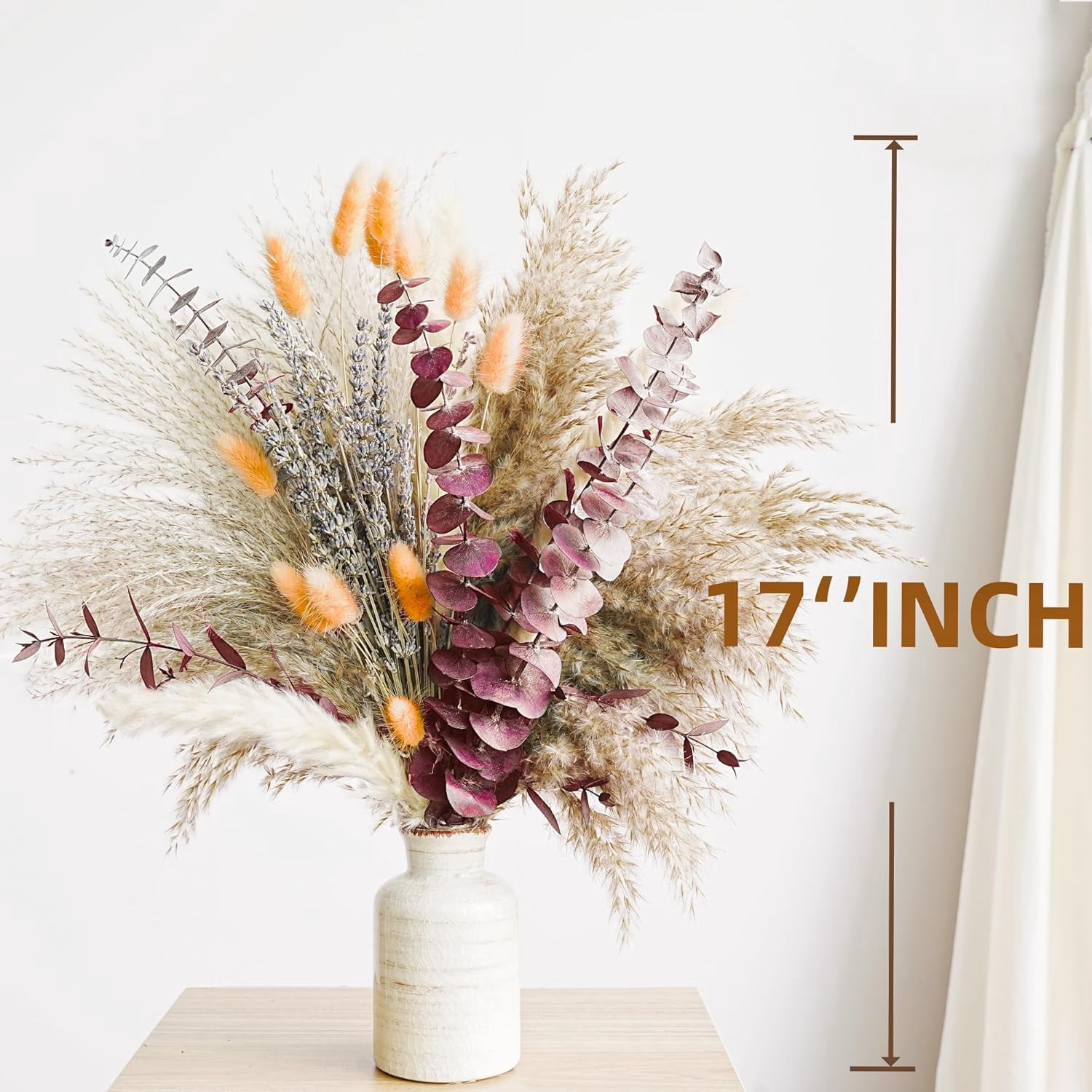 Fall Dried Flower Bouquet with Pampas Grass, Orange Bunny Tails, Lavender & Red Eucalyptus –Boho Fall Decor for Home, Vase, Porch & thanksgiving –Autumn Floral Arrangements