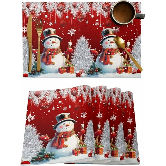 Christmas Red Placemats Set of 6, Cotton Linen Snowflake Cute Snowman Table Mats Non-Slip Washable Xmas Tree Red Christmas Balls Ornaments Placemat for Xmas Dining Kitchen Table Decor