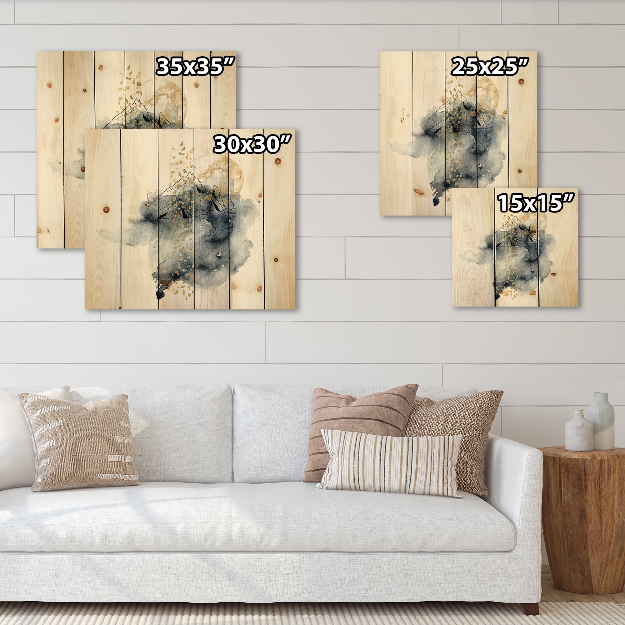 Designart 'Minimalistic Landscape of Moon With Mountains' Modern Print on Natural Pine Wood