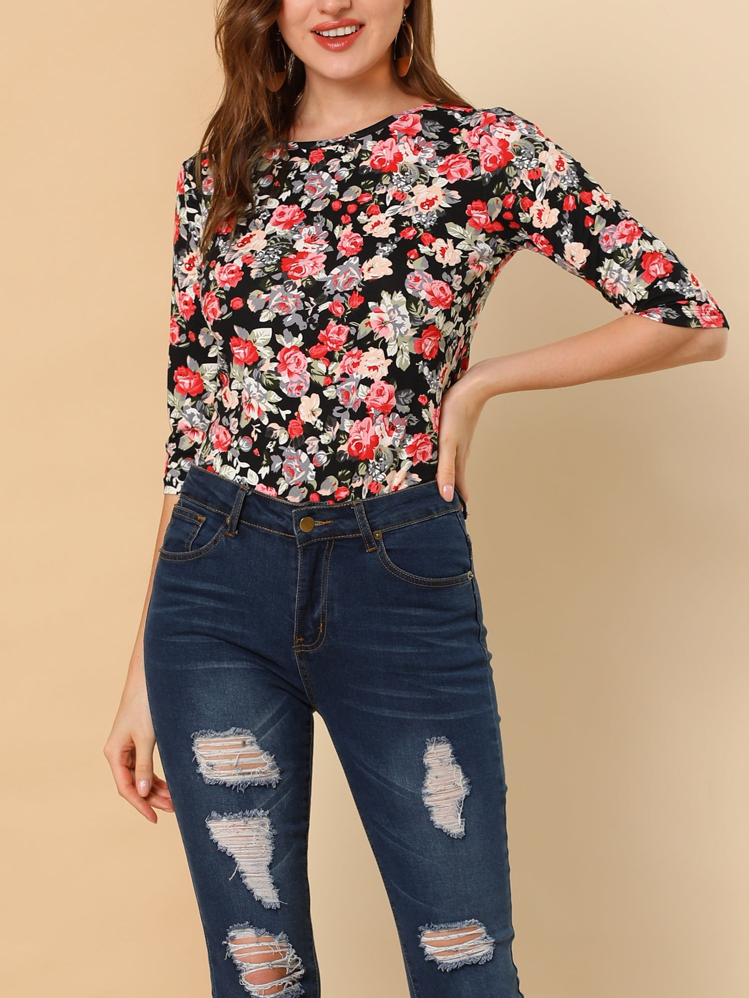 DARING DIVA Women's Halloween Costume 1/2 Sleeve Floral Top XL Black-Floral