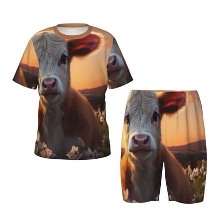 Luyuia Sunset Calf Flower Field Print Girls  2-Piece Tie-Dye Pajama Set  Cute Summer Loungewear with Shirt and Tank Shorts Nightwear-Large