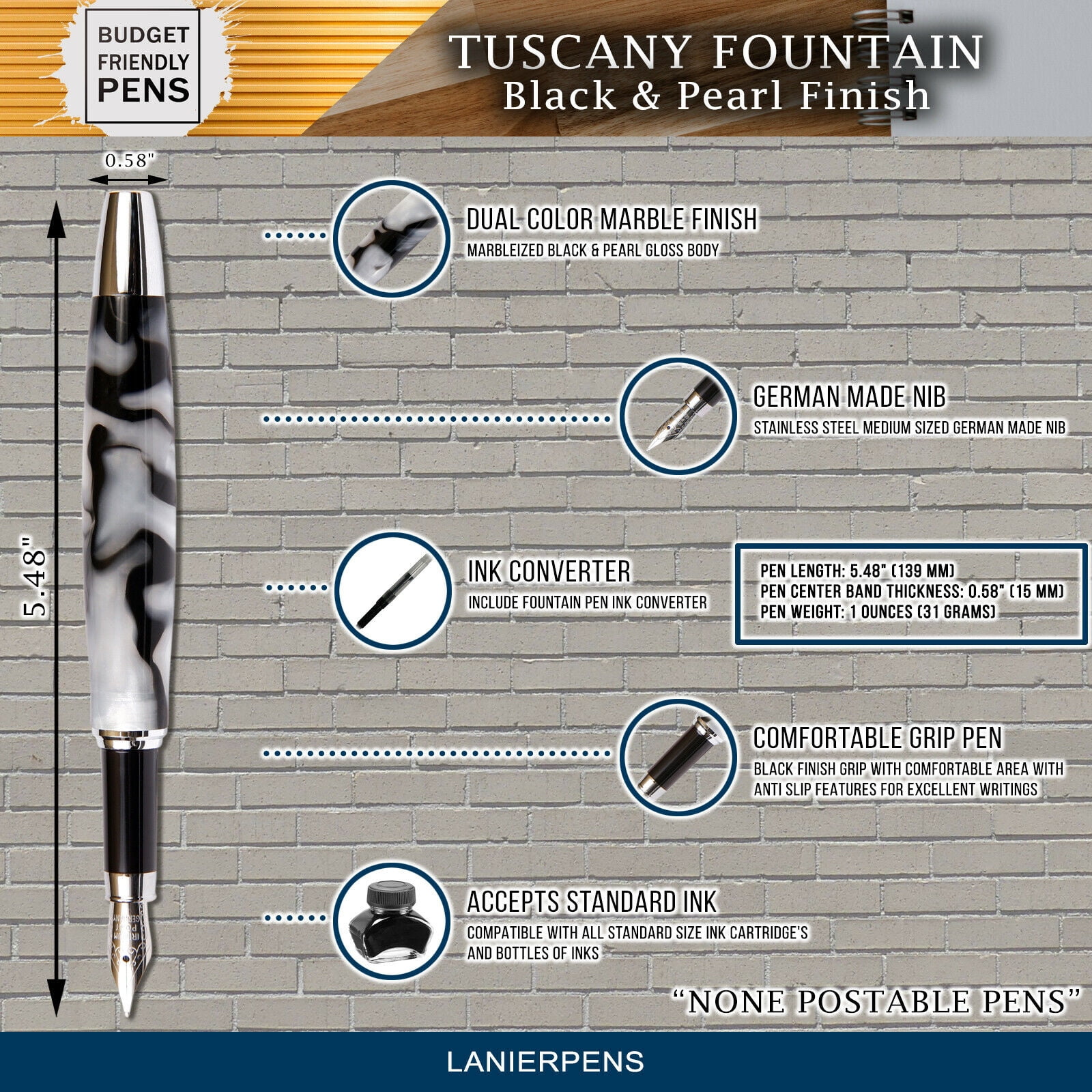 Tuscany Fountain Pen - Black & Pearl Marbleized Gloss Body  (Nib Medium Tip)
