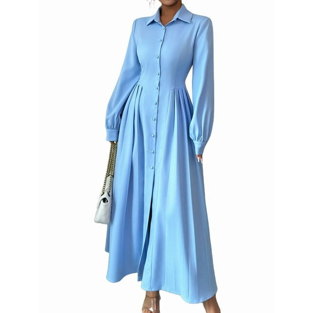 Women Long Sleeve Dress Button Down Maxi Swing Dress Cocktail Work Dress Sky Blue M