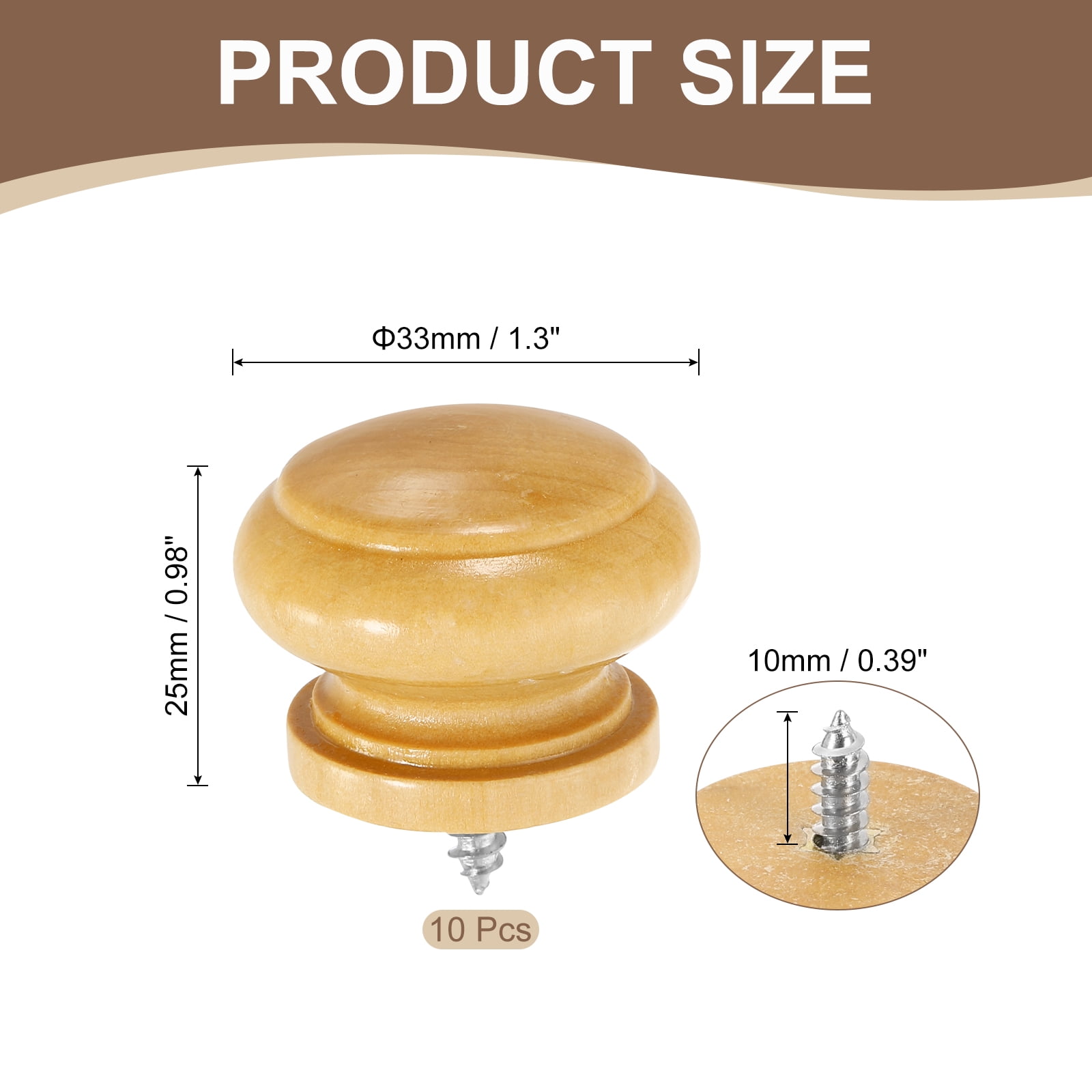 Uxcell 10 Pack Round Wood Drawer Knob, 1.3" x 0.98" Self-Tapping Solid Wood Handle Round Cabinet Knob Mushroom Shape Wooden Knobs for Furniture Dresser Wardrobe, Wood Color