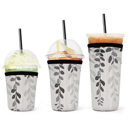 

Set of 3 Packs Reusable Hot And Iced Coffee Cup Sleeve Neoprene Tumbler Sleeve Grey Country Rustic Leaves Plant(16 24 32oz)