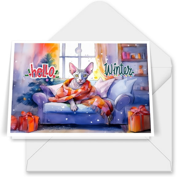 Watercolor Hello Winter Sphynx Chill Christmas Welcome 7x5in Folded Greeting Card Cat Lover Kitten Owner Gifts Idea Single Note Card with Envelope - 00016
