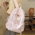thumbnail image 6 of Striped Bow School Backpack, Chic Backpack with Drawstring Side Pocket, Nylon Waterproof Bookbag for College Shopping Travel, Pink, 6 of 6