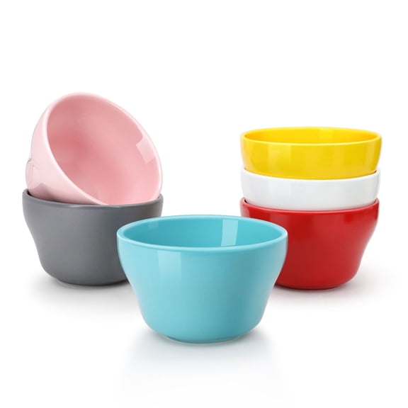 Flexzion Bouillon Cup and Soup Bowls 8 oz - Porcelain 8 Ounce Small Dessert Bowls, Dipping Sauce Bowls, Set of 6, Microwave and Dishwasher Safe, Multi Color