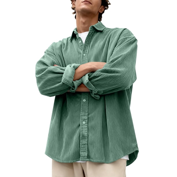 pstuiky Camisas para hombre de manga larga, Camisa informal de pana de color liso con cuello abotonado y manga larga para hombre tops de invierno para hombre xxxxxl