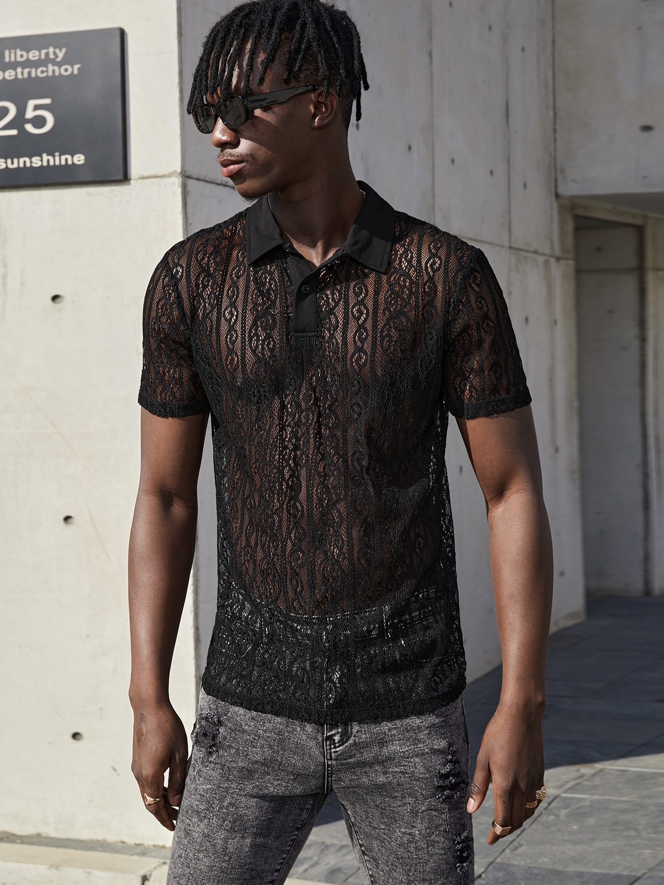 Sheer Lace Polo Shirt Black 