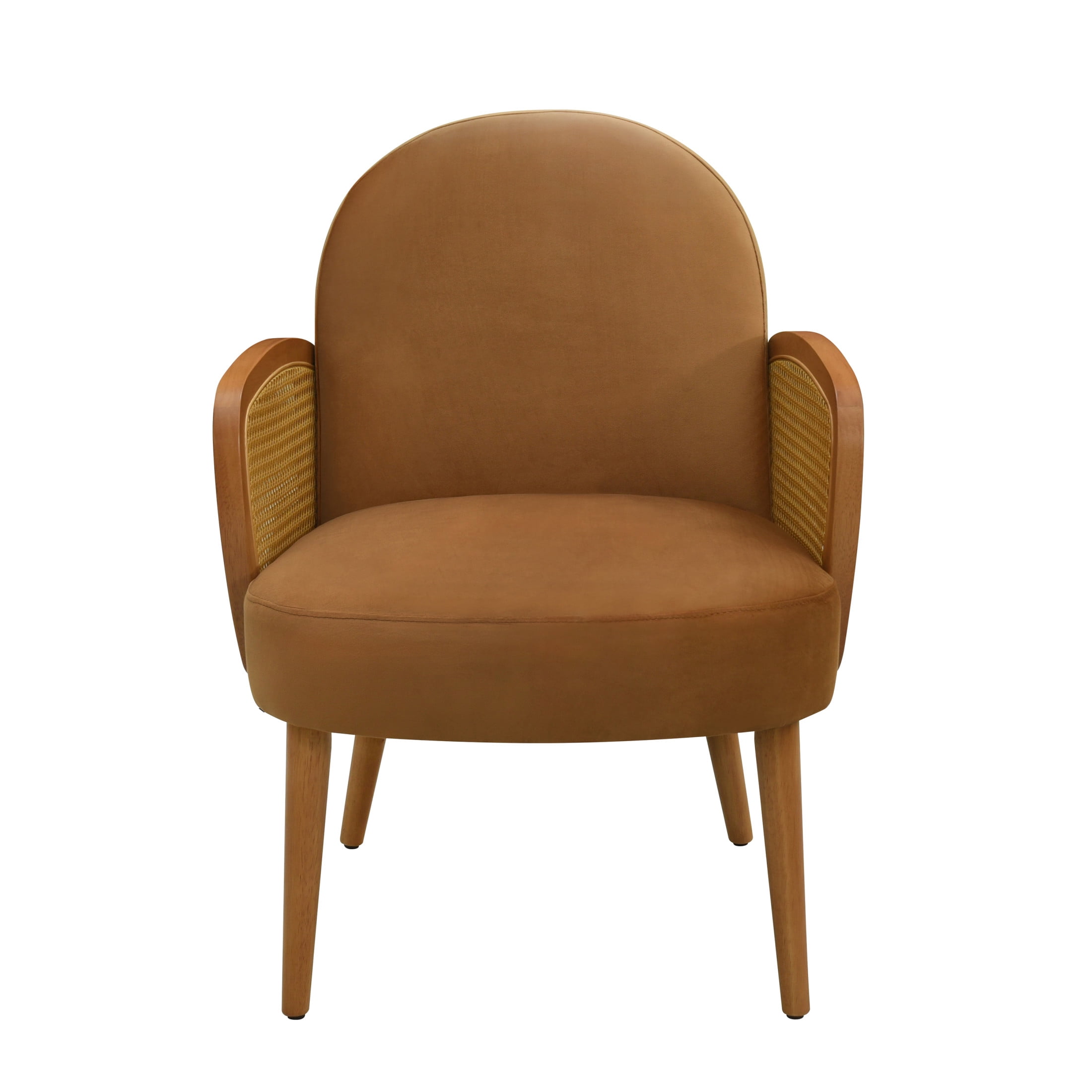 Christopher Knight Home Miles Mid-Century Velvet Upholstered Accent Chair with Rattan Armrests, Solid Wood Legs, Brown