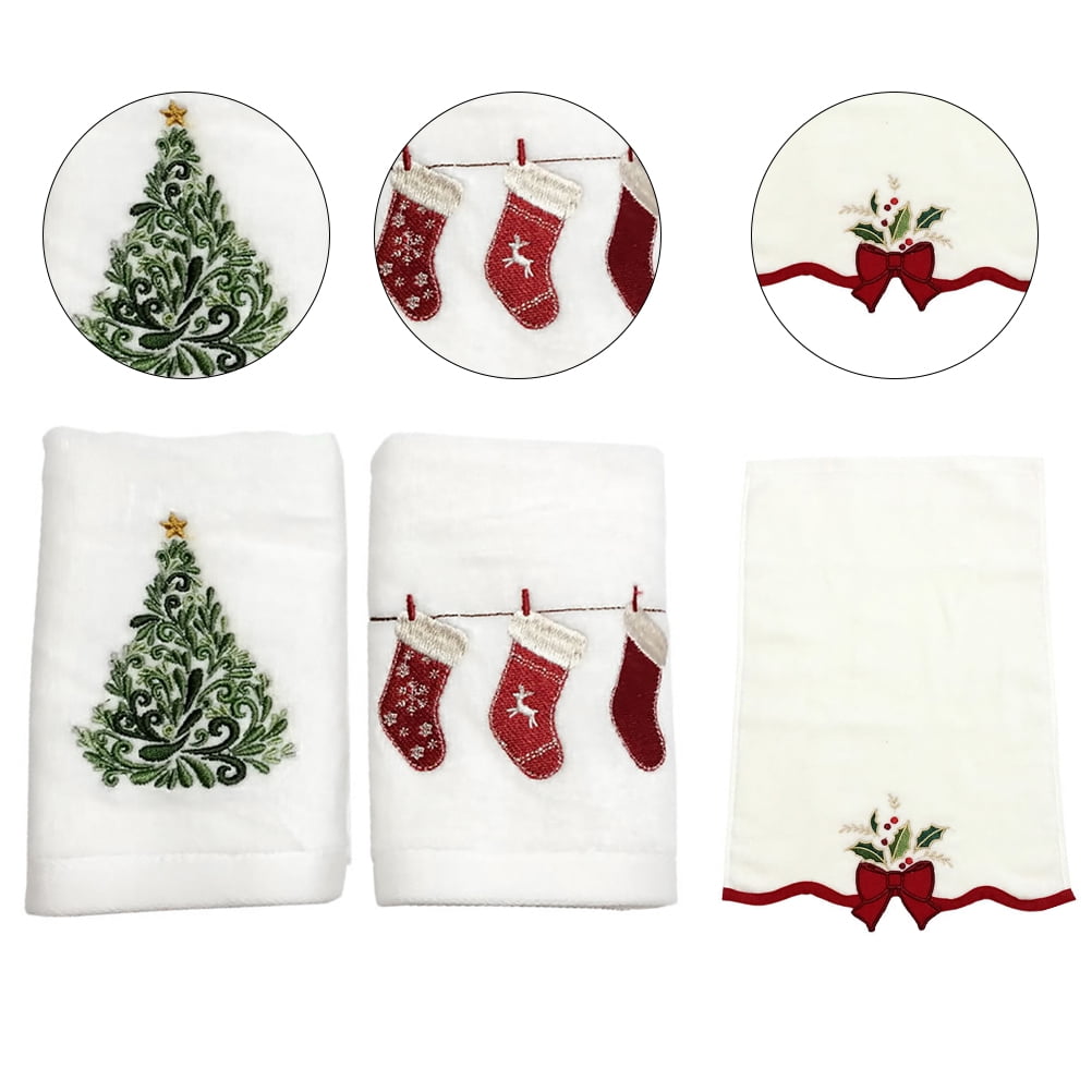 Lot De 3 Serviettes De Noël Brodées En Coton - Torchons Festifs Pour Cuisine Et Salle De Bain