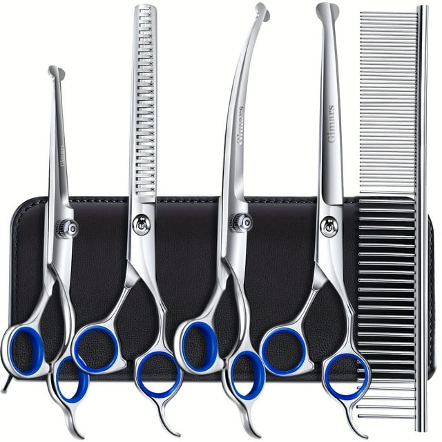 Trousse de Ciseaux de Toilettage Haut de Gamme - Cisailles et Peigne Professionnels en Acier Inoxydable pour Poils Longs et Courts sur Chiens, Chats et Animaux de Compagnie - avec Embouts Ronds de Sécurité!