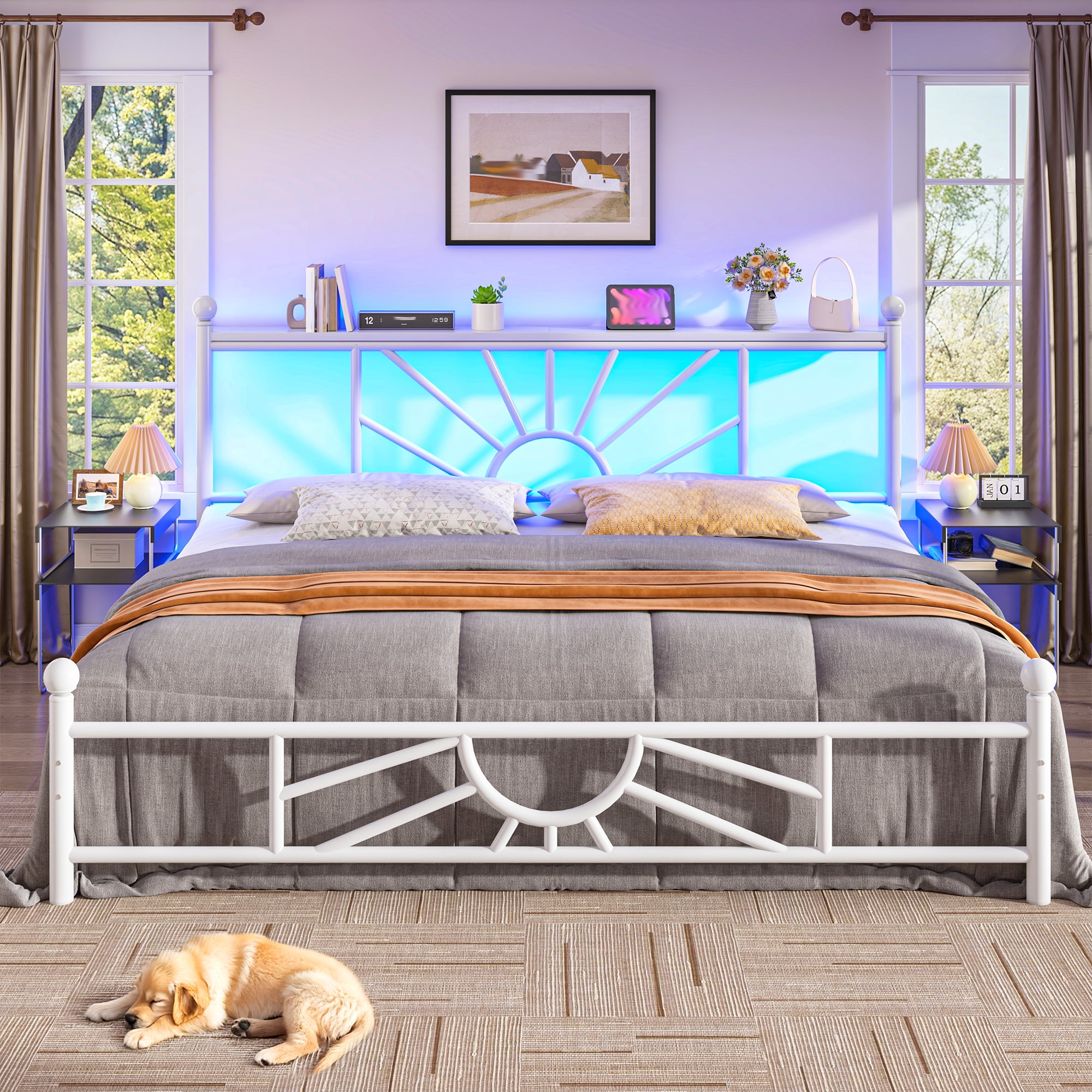 EnHomee King Size Metal Bed Frame with Vintage Headboard & Footboard Metal Platform Bed Frame King with LED Lights & Storage, Noise Free, White