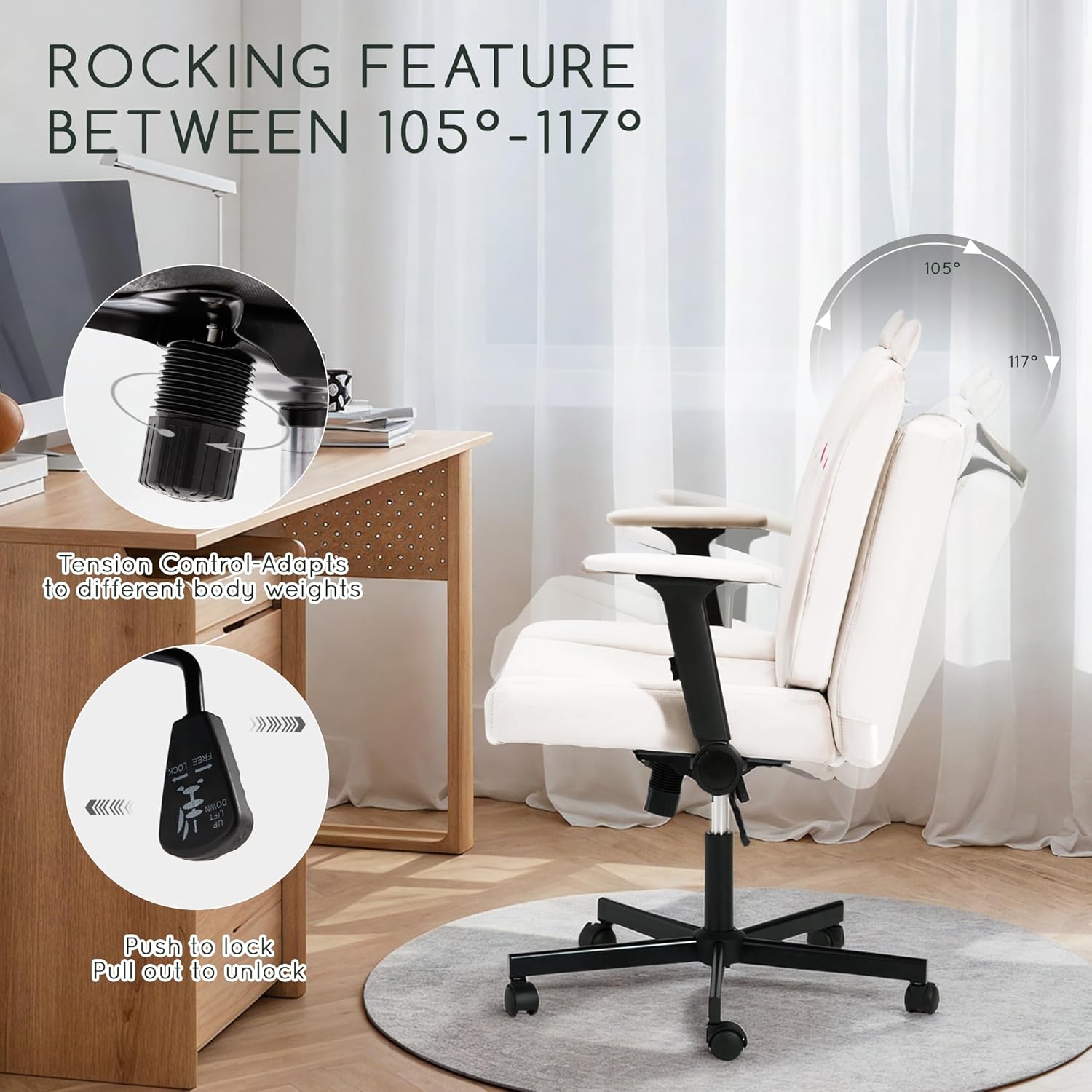 Vicluke Criss Cross Chair with Wheels, Oversized Office Chair Featuring Extra-Wide Seat & Adjustable Backrest for Home Office, Cute & Comfortable Chair for Dressing, Gaming, Reading(Beige)