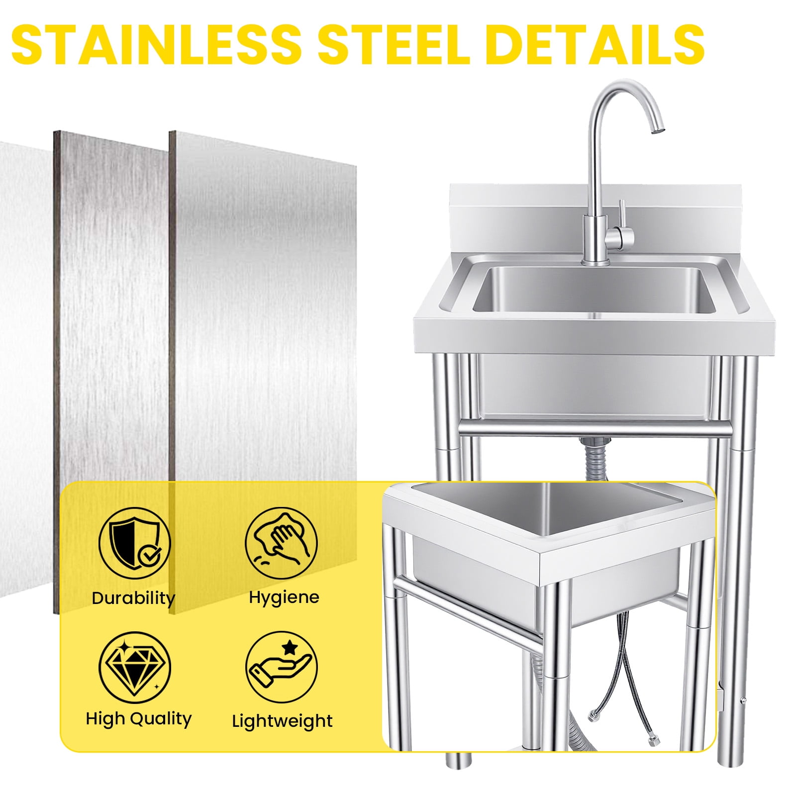 Stainless Steel Silver Freestanding Laundry Sink, Single Bowl Utility Sink with Drain Strainer & Shelf, 360° Rotation Faucet for Indoor Outdoor Use