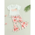 thumbnail image 3 of GXFC Toddler Baby Girls Summer Flare Pants Outfits Kids Girls Short SleevTassel Hem T-shirt Tops+Baseball Print Bell Bottom Pants Set Casual Clothes 2Pcs 1-5T, 3 of 9