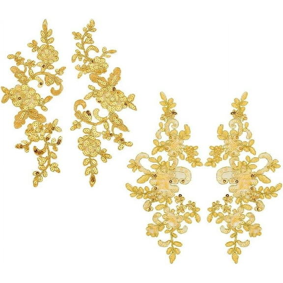 1 Set 2 Pairs Gold Embroidery Sequin Lace Applique 2 Styles Sewing Flower Fabric Collar Patch Polyester Iron on Sew on Patches for Bridal Wedding Dress Gown DIY Crafts