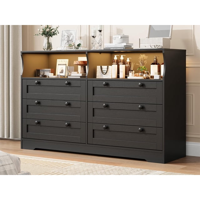 QinaQin Cómoda de madera de 55 pulgadas con 6 cajones, luces LED y contacto, mueble multifuncional que también funciona como base para TV