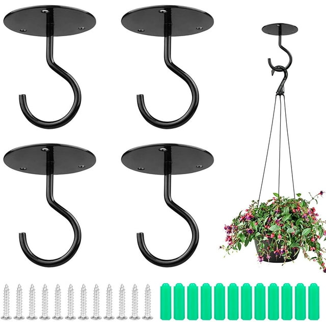 Crochet Plafond 4 Pièces Métal Mur Plante Crochet Swag Cintres de Plafond avec Vis et Ancres pour Suspendre Paniers à Plantes Lanternes Carillons Éoliens Décorations Extérieur (Noir)