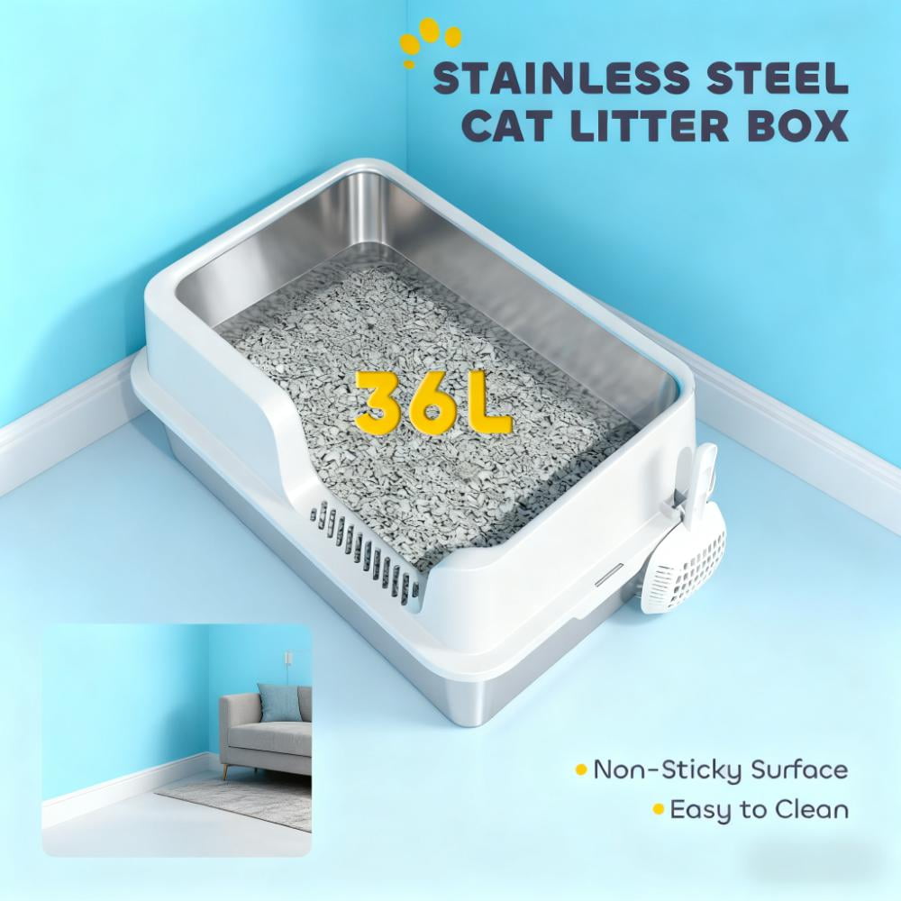 Stainless Steel High Sided Cat Litter Box for Large Cats, Odor Resistant Easy Clean Metal Litter Pan with Raised Edges
