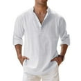 thumbnail image 2 of Cotton Linen Shirts for Men Lightweight Casual Long Sleeve Henley Beach Hawaiian Tops White M, 2 of 4