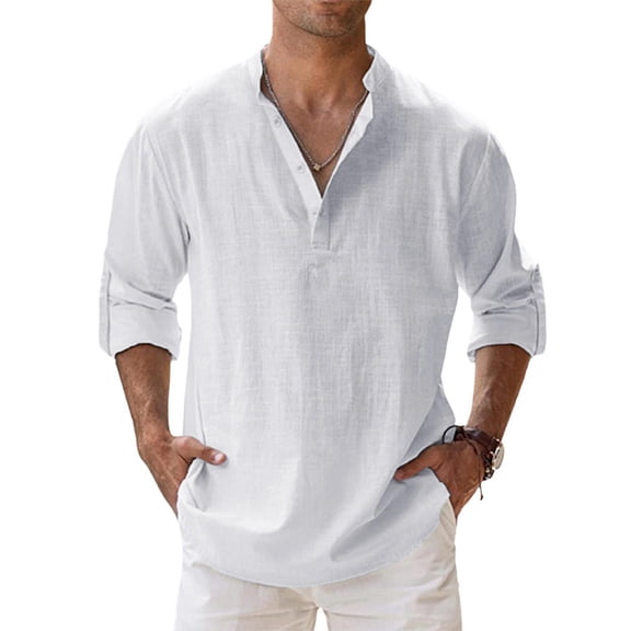 Dresfit Linen Shirt for Men Solid Button Shirts Spring Plus Size Henley Long Sleeve Tops 2026 Big and Tall Slim Fit Hippie Vacation Shirt White 2XL