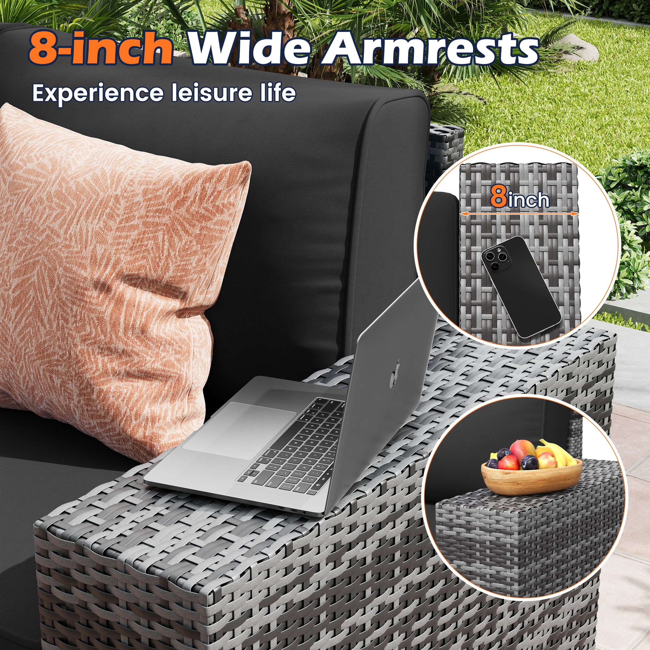 Poteban Outdoor Sectional with Fire Pit Table, 8 Inch Armrest Patio Furniture Set with Waterproof Cover for Garden Backyard, 4'' Thickened Cushion