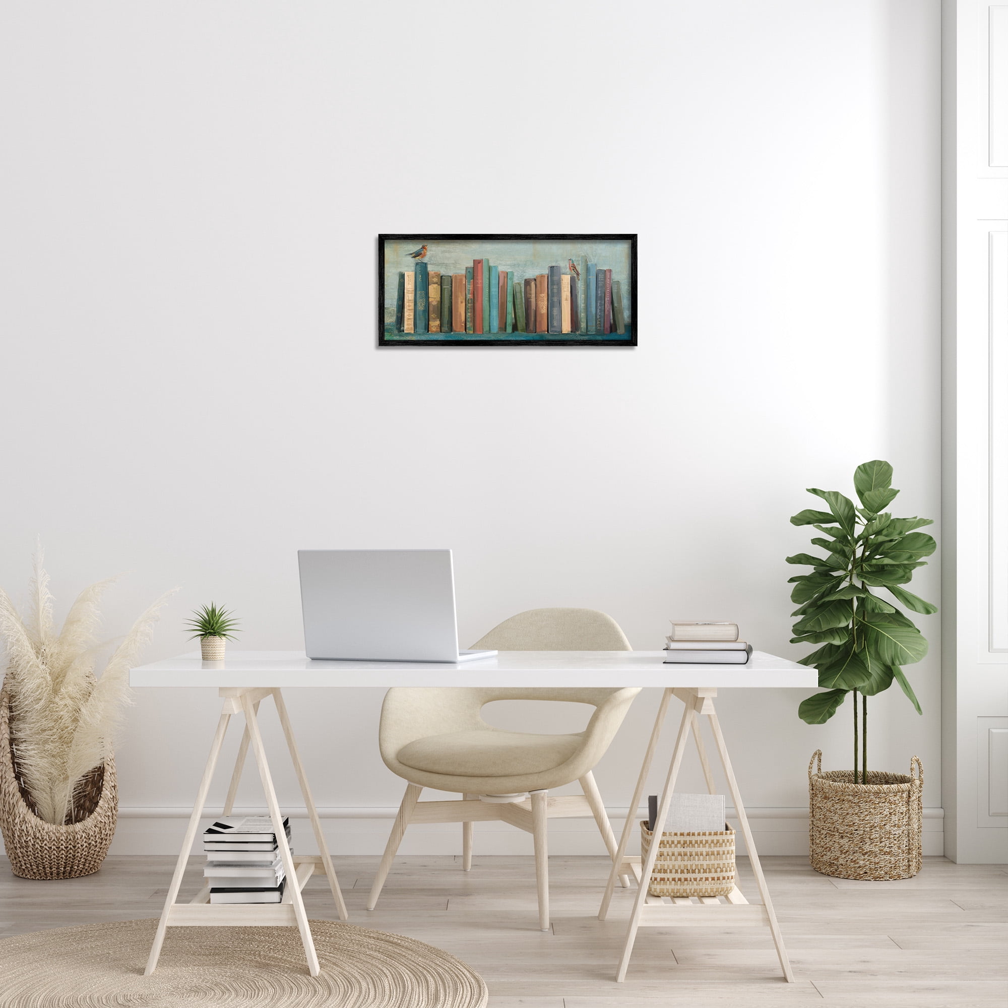 Stupell Industries Books And Birds Bookshelf Painting Animals & Insects Painting Black Framed Art Print Wall Art, 24 x 10