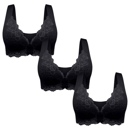 miqiqism 3 PCS Women s Plus Size Bras Front Closure V Neck Wireless Brassiere Wide Strap Everyday Bra Trendy Solid Color Racer Bra Black 3X-Large