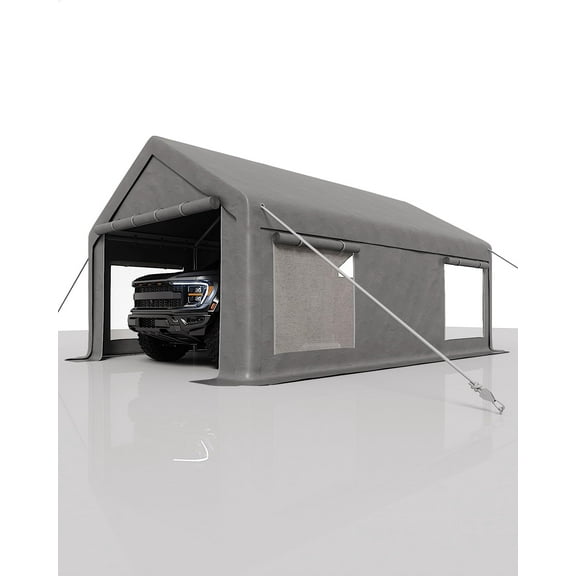 Riedhoff 12x20 ft Carport with 200g PE Tarp, Roll-Up Doors & 4 Windows,Fits Trucks/Tractors,Gray