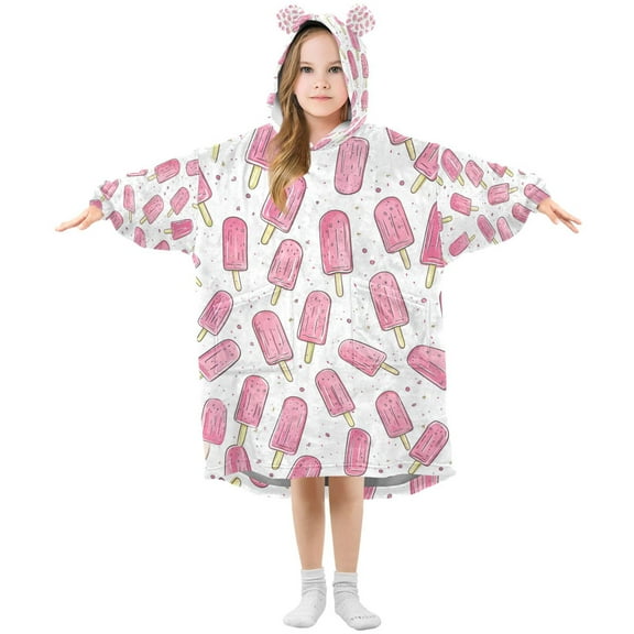 FORMRS Wearable Blanket Hoodie with Sleeves for Kids Cozy Flannel Sweatshirt, Pink Popsicle Pattern