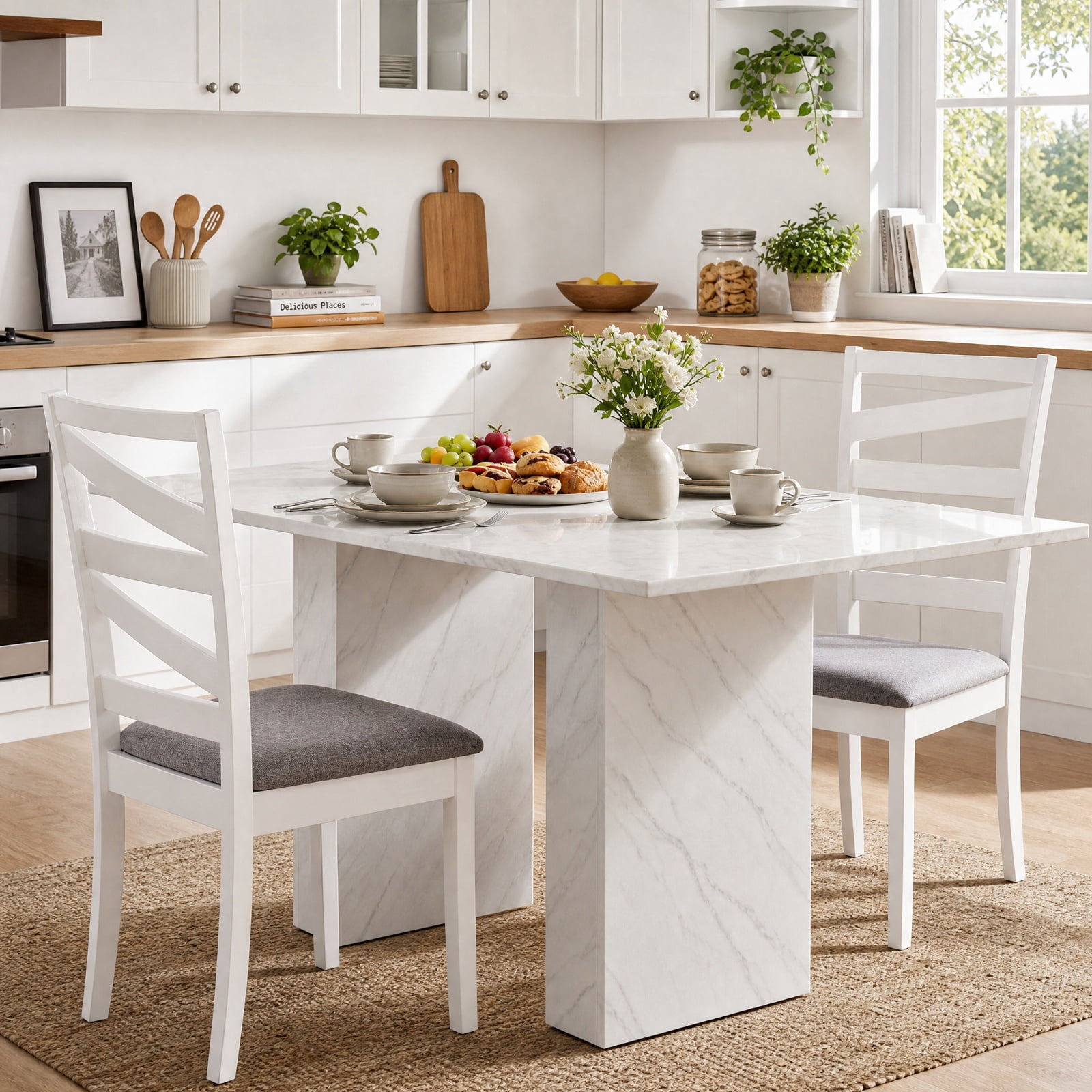 Furnibear Farmhouse Dining Chairs Set of 2 Upholstered with Tall Backrests and Rubber Wood Frames for Kitchen Dining Room, White