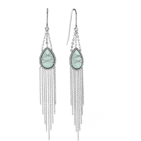 5th & Main Sterling Silver Hand-Wrapped Drape Chain Hanging Teardrop Chalcedony Stone Earrings