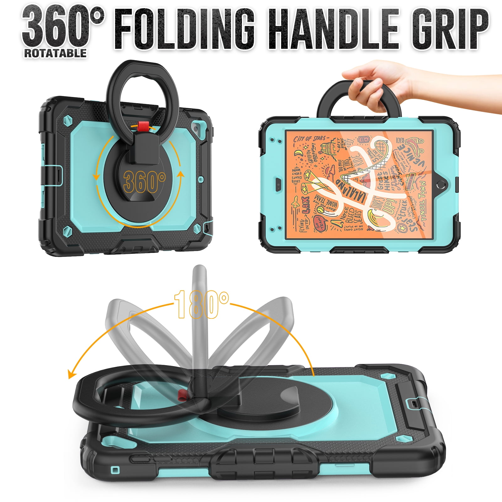 Dteck iPad mini 5 Case / iPad mini 6 Case with Built in Screen Protector, Child Proof Heavy Duty Shockproof Kids Case with Rotating Stand Handle Pencil Holder for iPad mini 5/4 7.9",Black + Light Blue