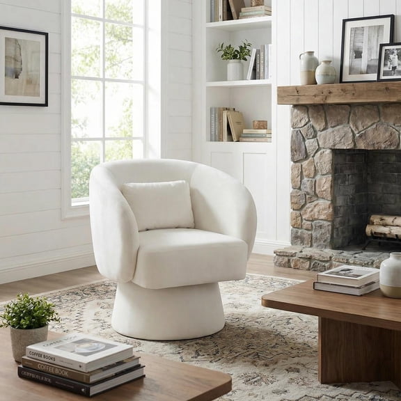 Resenkos Upholstered Swivel Barrel Accent Chair with Curved Back & Removable Pillow, Cozy Seating for Living Room & Reading Corner, Beige
