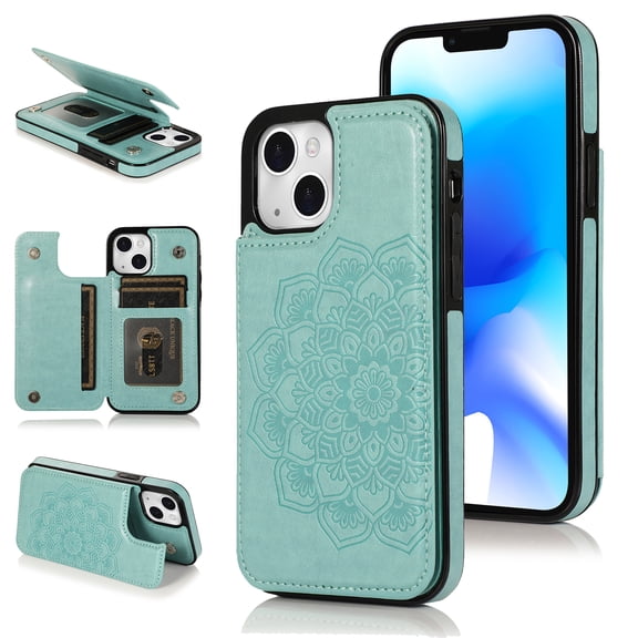 Mandala Patterned Wallet Case For iPhone 15, Premium PU Leather Flip Cover with RFID Blocking Card Slots & Cash Pocket, Kickstand Shockproof Full-Body Protective Folio Case,Green