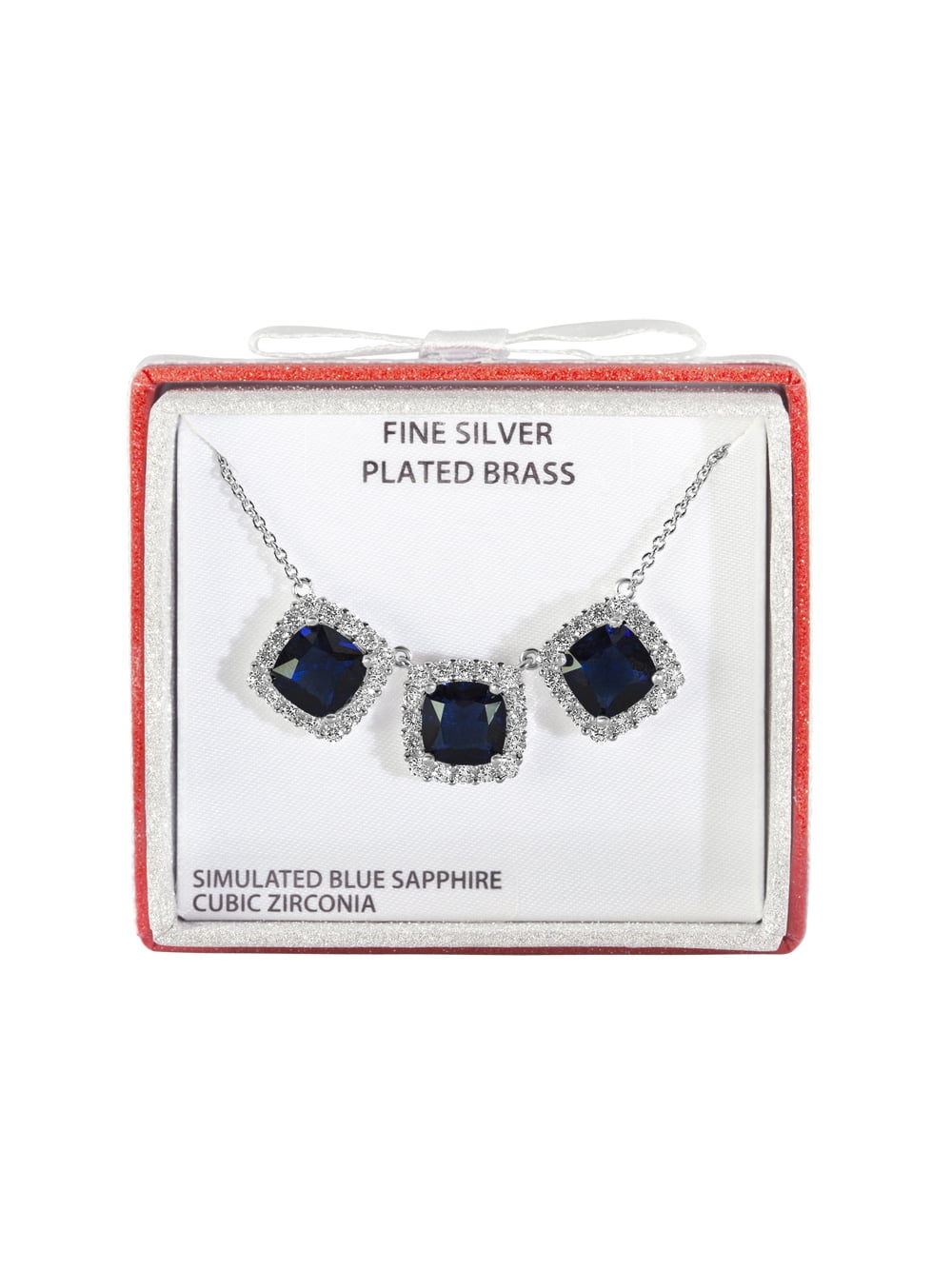 Simulated Blue Sapphire and CZ Necklace in Fine Silver Plated Brass, 18"