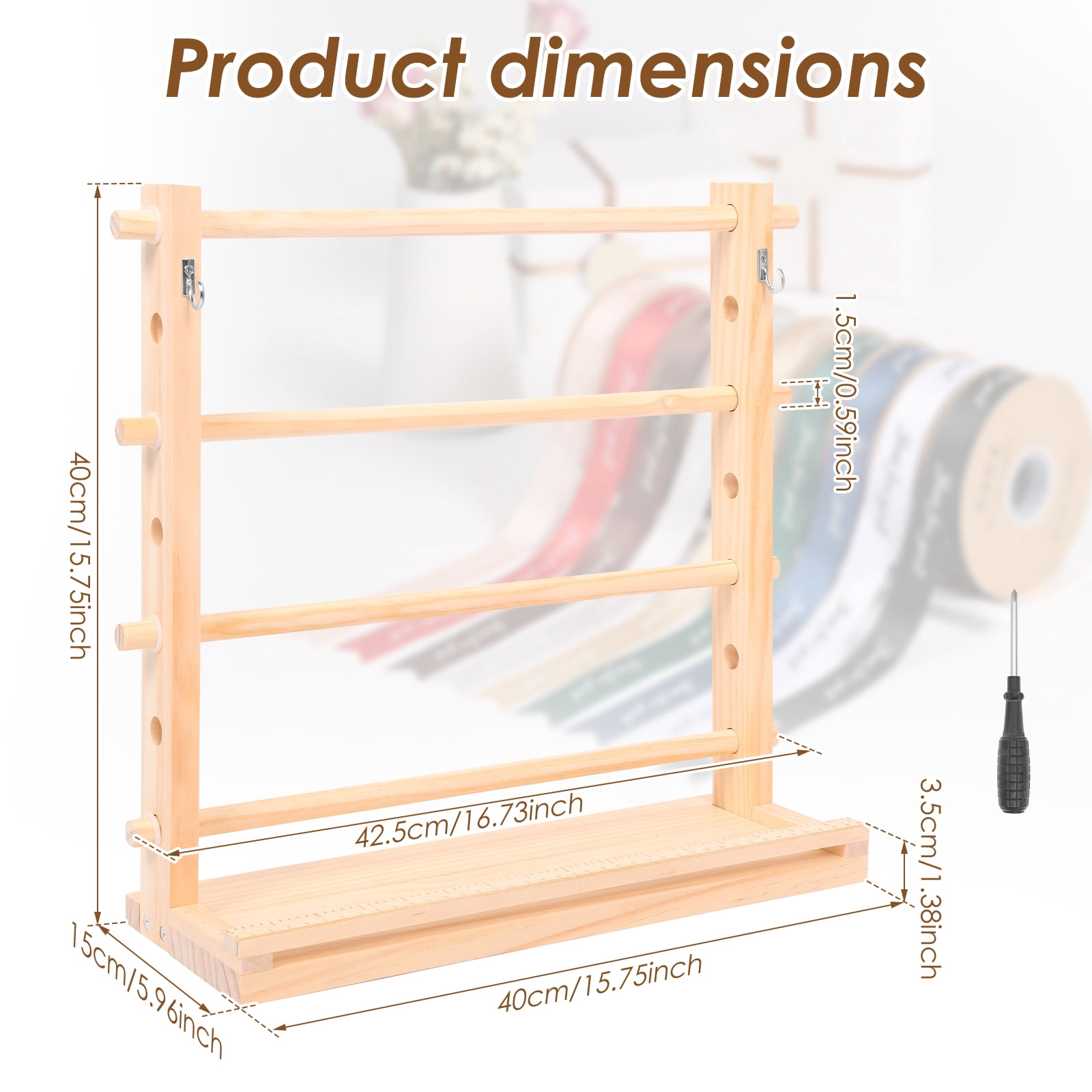 Threns Wooden Ribbon Storage Rack,4 Tier Ribbon Storage Organizer,Thread Washi Tape Spool Holder Organizer for Sewing Craft Wreath Crochet Roll Florist Arts Wrapping Gift,15.7"