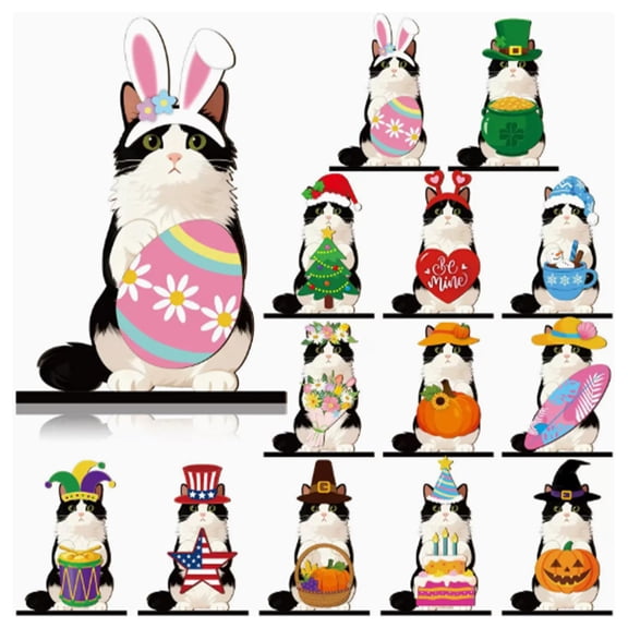 Interchangeable Seasonal Animal Wooden Decor Set with Magnetic Hats | Cute Cat Wooden Sign Desk Decor, DIY Farm Animal Tabletop Stand, Holiday Home Office Tiered Tray Decoration, Birthday Gift