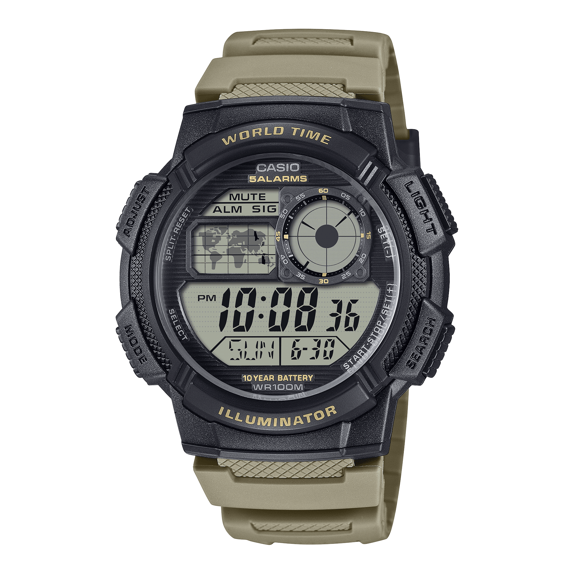 Casio Mens Digital Round Wristwatch Lc Analog 10-Yr Battery 100M Wr Led Light Stopwatch Sand Tan
