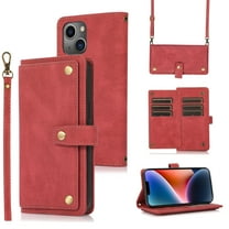 Feishell Crossbody Wallet Case for Apple iPhone 13 mini 5.4 inch,for Women Men,Retro PU Leather Magnetic Button Flip Stand Credit Card Holder Phone Case with Adjustable Shoulder Strap,Red