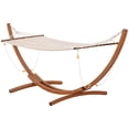 thumbnail image 2 of Outsunny Outdoor Hammock with Stand, Heavy Duty Wooden Frame, No Tree Needed, Indoor Outside Boho Style Nap Bed, Natural Cotton, White, 2 of 9