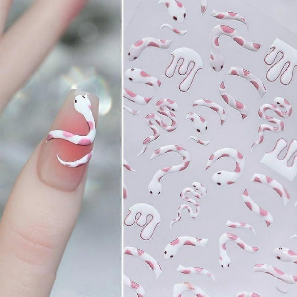 5D Relief White Snake Nails Stickers Spotted Serpent Embossed Butterfly Decals Manicure 2025 New Year Nail Ideas Decoration