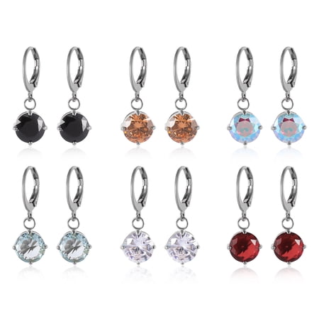 JUSTJANDM 6 Pairs Birthstone Leverback Dangle Earrings Set, Gold Plated Surgical Stainless Steel Multicolor Round Heart Square Cubic Zirconia Drop Earrings