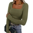 thumbnail image 2 of QIUOMBBP Long Sleeve Tops for Women Square Neck Ribbed Knit Solid Color Shirt Fitness Gym Athletic Yoga T-Shirt Army Green XL, 2 of 9