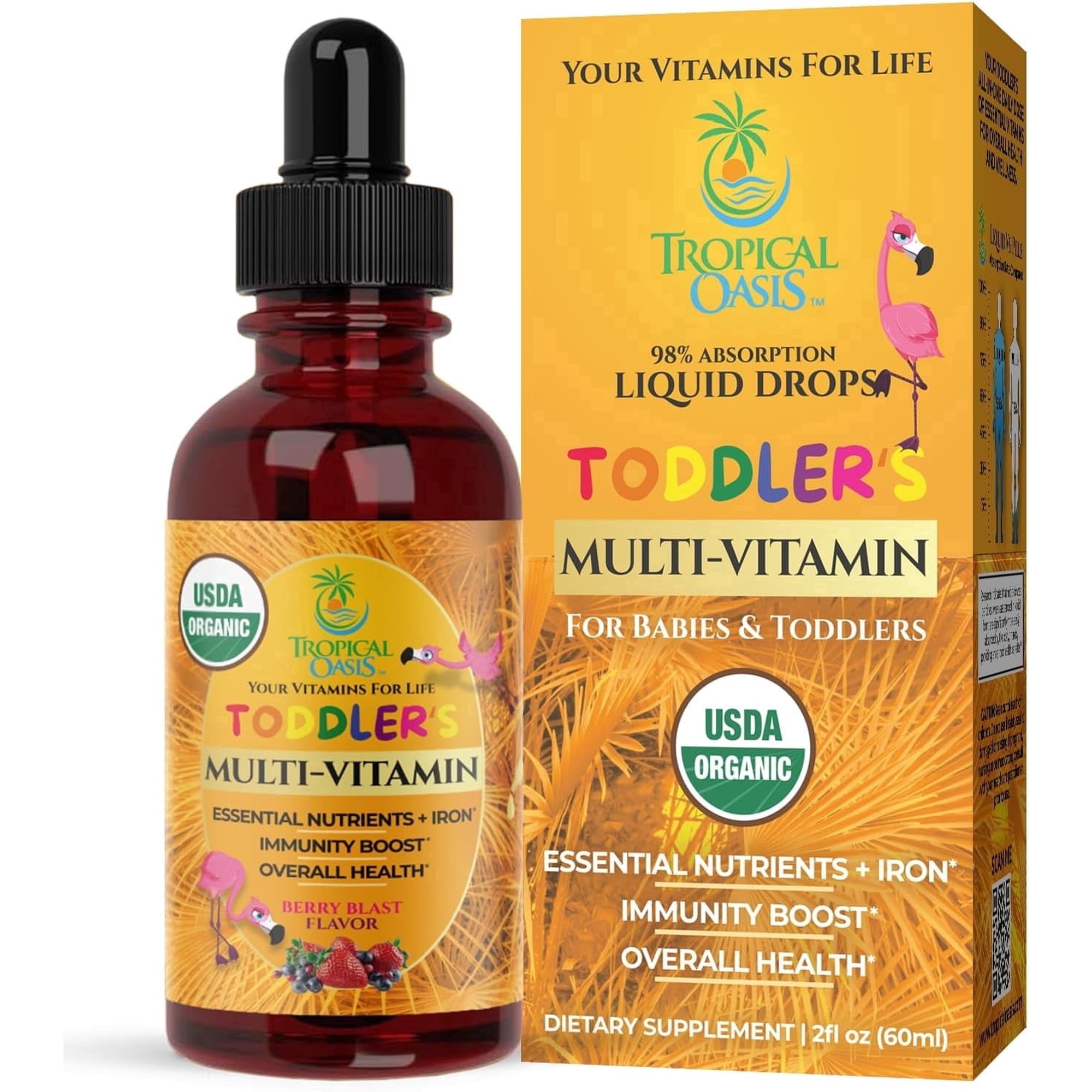 Tropical Oasis Liquid Multivitamin Drops for Toddlers Ages 1-3, for Immunity Support, Cognitive Function, and Overall Wellness, Tropical Berry Blast Flavor, 2 fl oz, 30 Servings