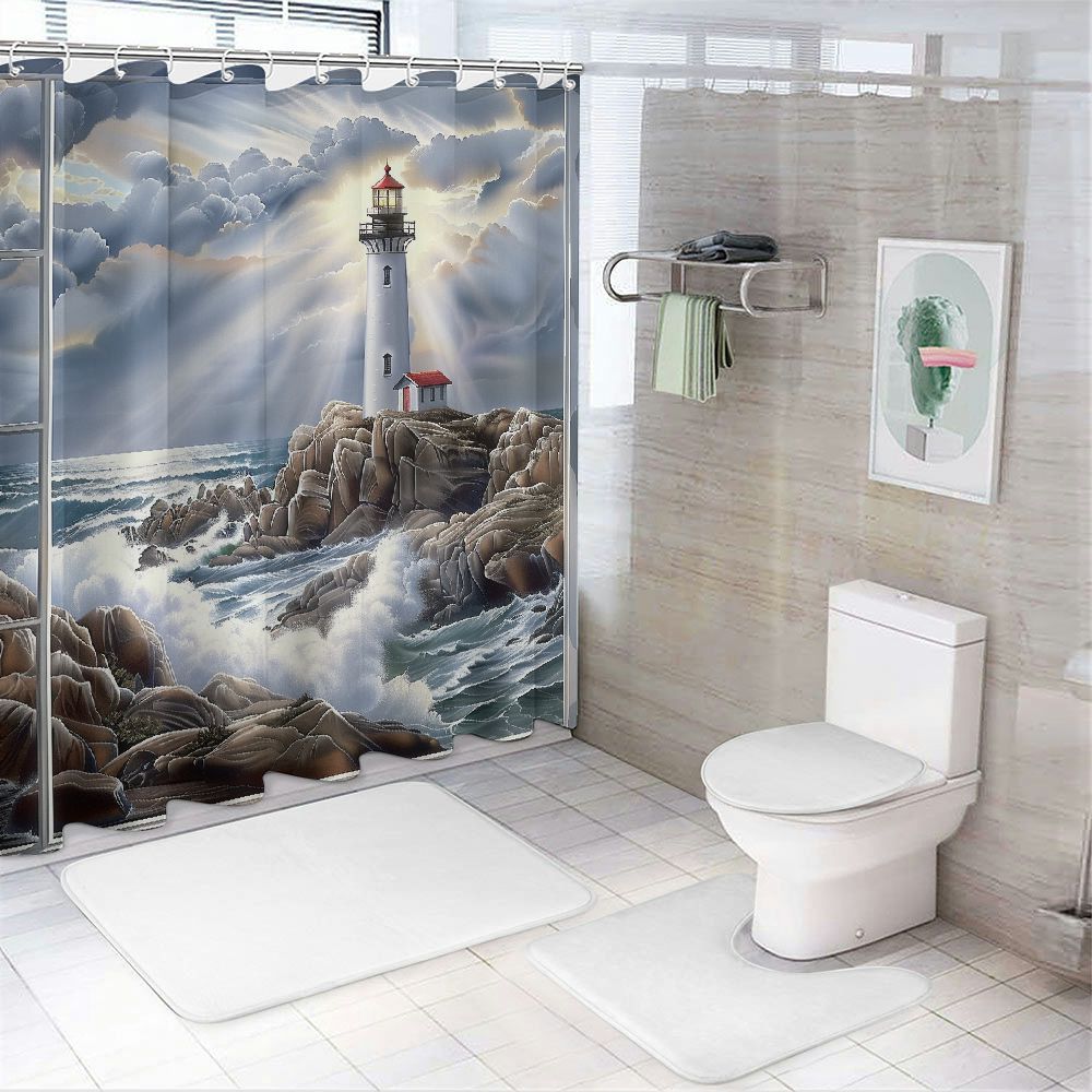 PRATYUS Lighthouse Waves Rocks Shower Curtain for Bathroom Decor Polyester Washable Shower Curtain with Hooks 69"x72