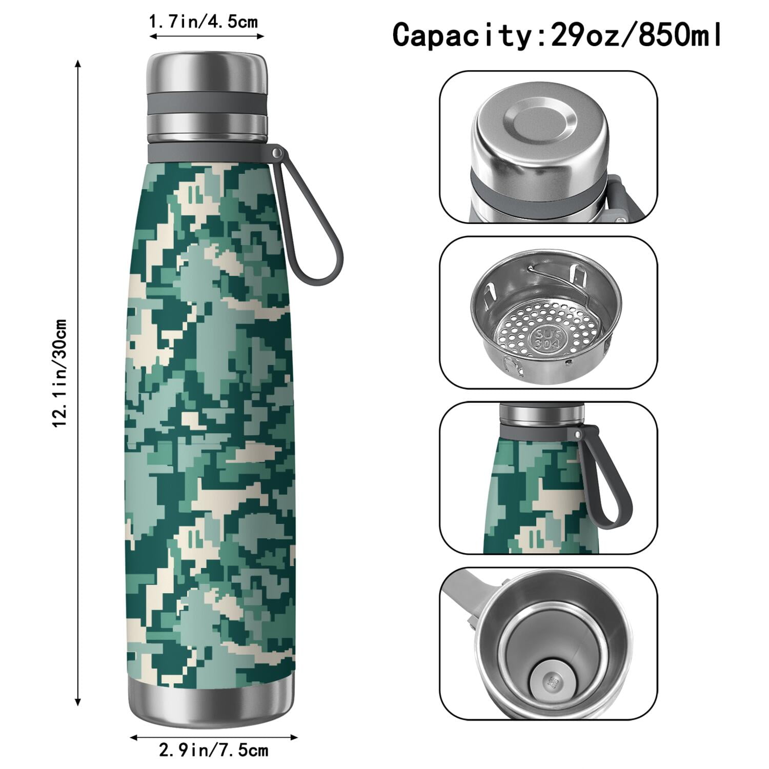 29oz Insulated Water Bottle with Tea Infuser, Stainless Steel Travel Mug, Camouflage Print